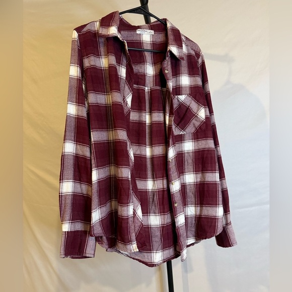 Arizona Jean Co Women’s Plaid Button-Up Burgundy and White Flannel Shirt, Medium - Picture 2 of 5